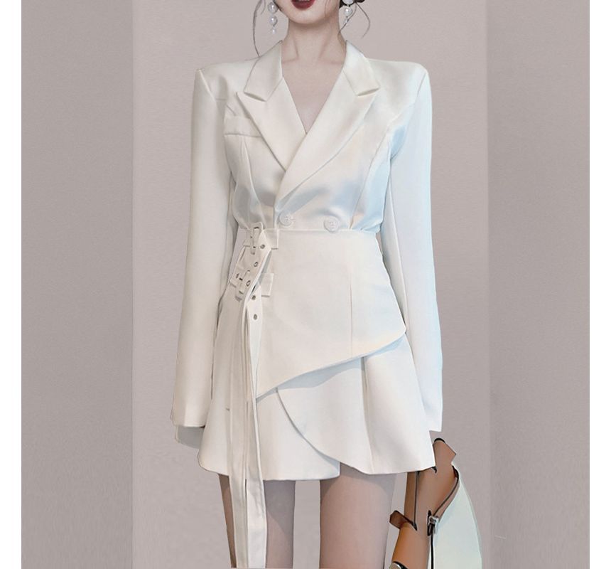Peak Lapel Plain Asymmetrical Buckle Front Mini A-Line Blazer Dress