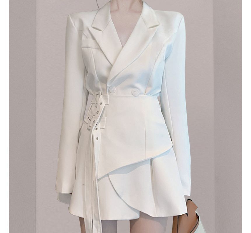 Peak Lapel Plain Asymmetrical Buckle Front Mini A-Line Blazer Dress
