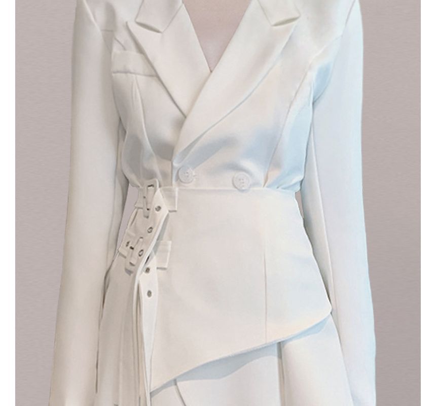 Peak Lapel Plain Asymmetrical Buckle Front Mini A-Line Blazer Dress