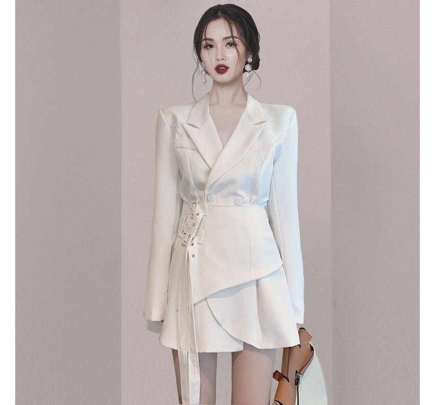 Peak Lapel Plain Asymmetrical Buckle Front Mini A-Line Blazer Dress