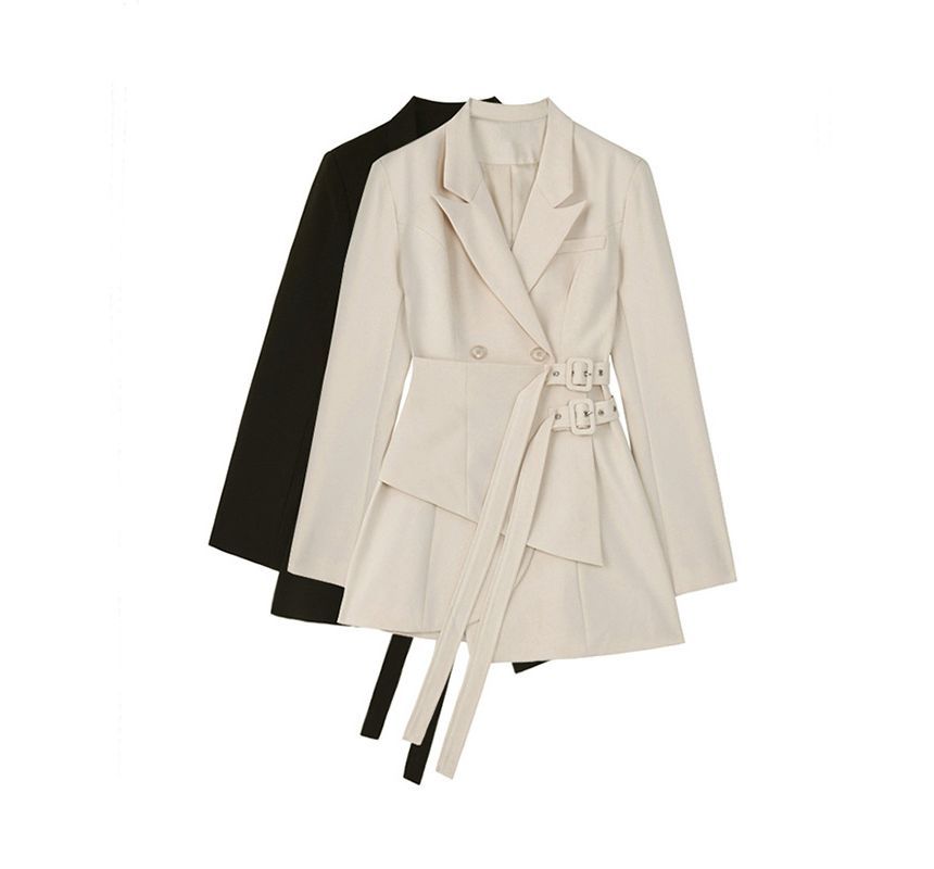 Peak Lapel Plain Asymmetrical Buckle Front Mini A-Line Blazer Dress