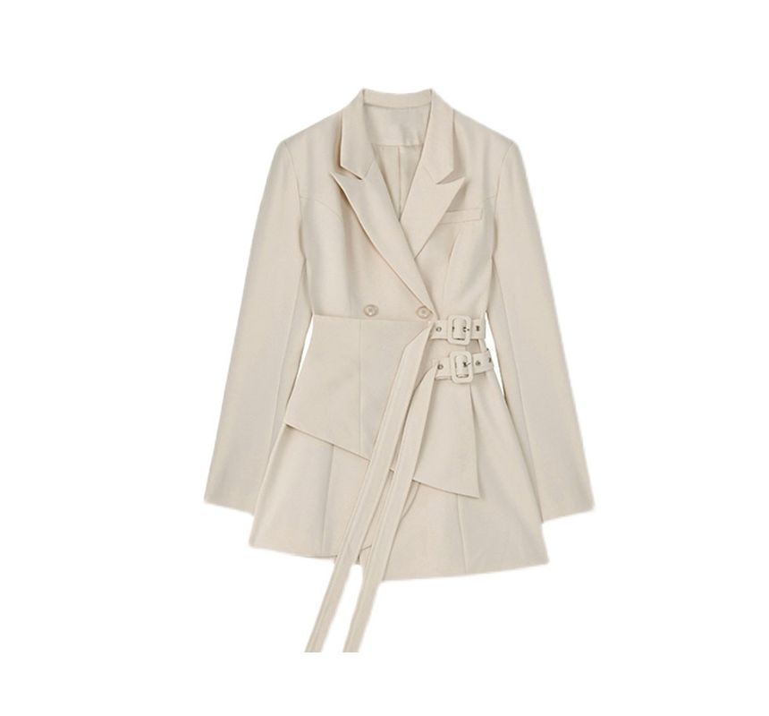 Peak Lapel Plain Asymmetrical Buckle Front Mini A-Line Blazer Dress