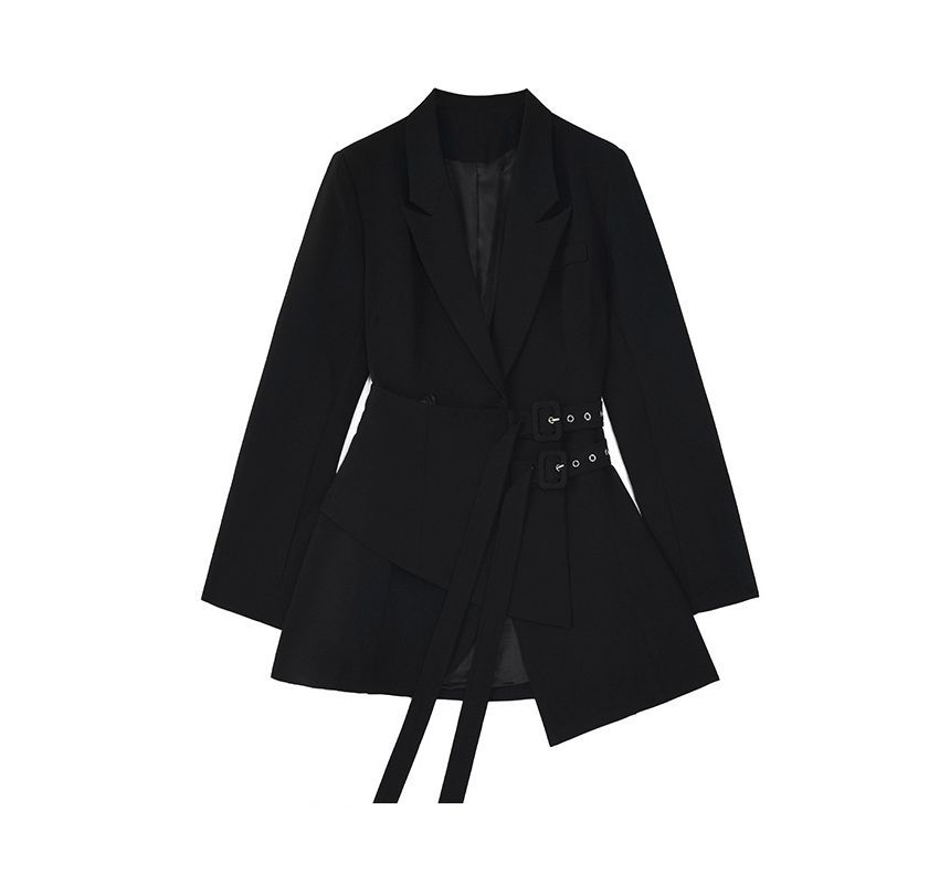 Peak Lapel Plain Asymmetrical Buckle Front Mini A-Line Blazer Dress