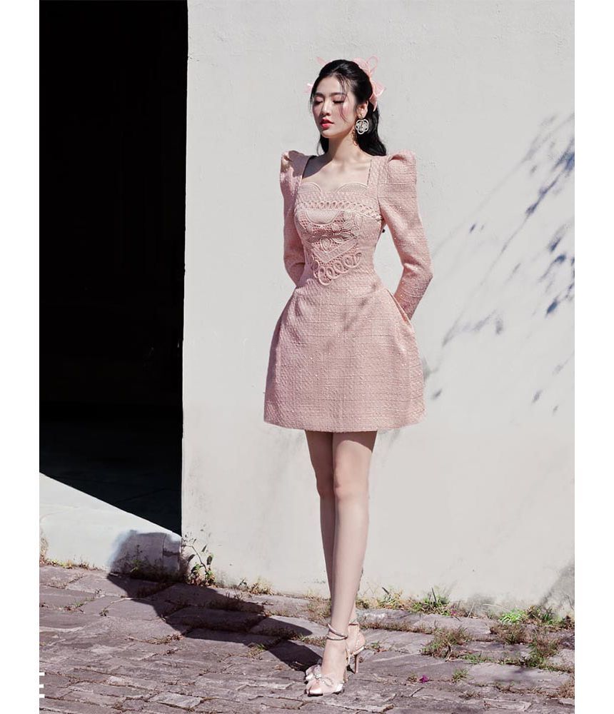 Long-Sleeve Sweetheart Neck Plain Embroidered Tweed Mini A-Line Dress