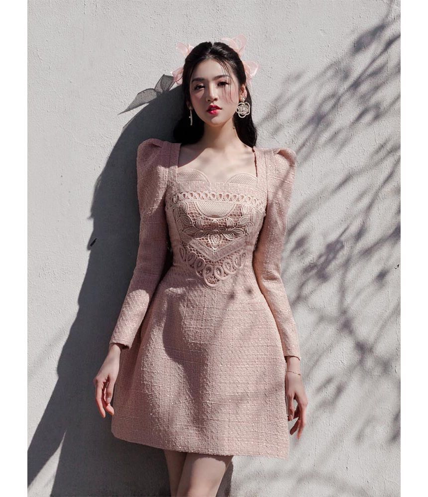 Long-Sleeve Sweetheart Neck Plain Embroidered Tweed Mini A-Line Dress