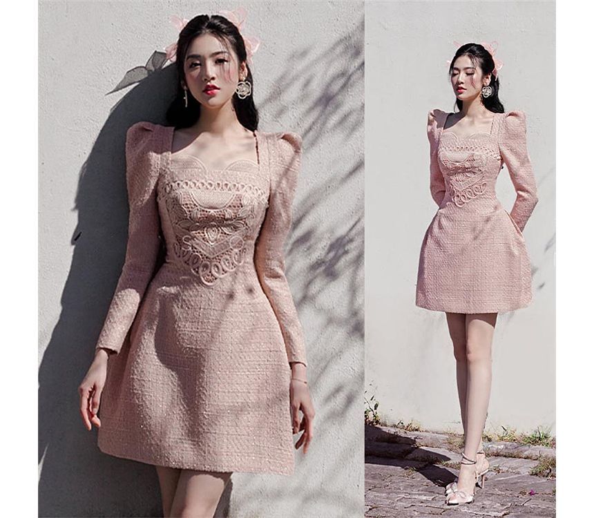 Long-Sleeve Sweetheart Neck Plain Embroidered Tweed Mini A-Line Dress