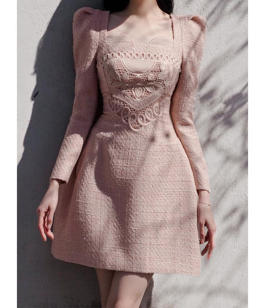 Long-Sleeve Sweetheart Neck Plain Embroidered Tweed Mini A-Line Dress
