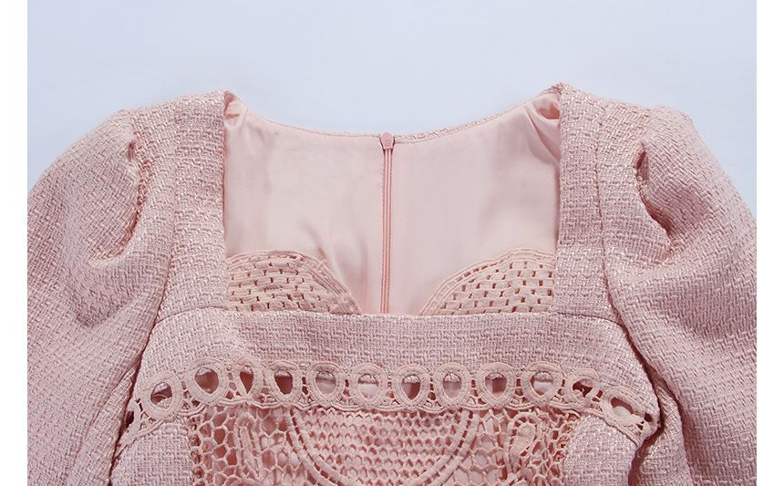 Long-Sleeve Sweetheart Neck Plain Embroidered Tweed Mini A-Line Dress