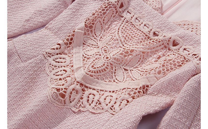 Long-Sleeve Sweetheart Neck Plain Embroidered Tweed Mini A-Line Dress