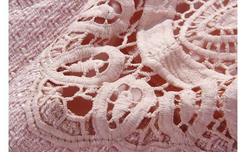 Long-Sleeve Sweetheart Neck Plain Embroidered Tweed Mini A-Line Dress