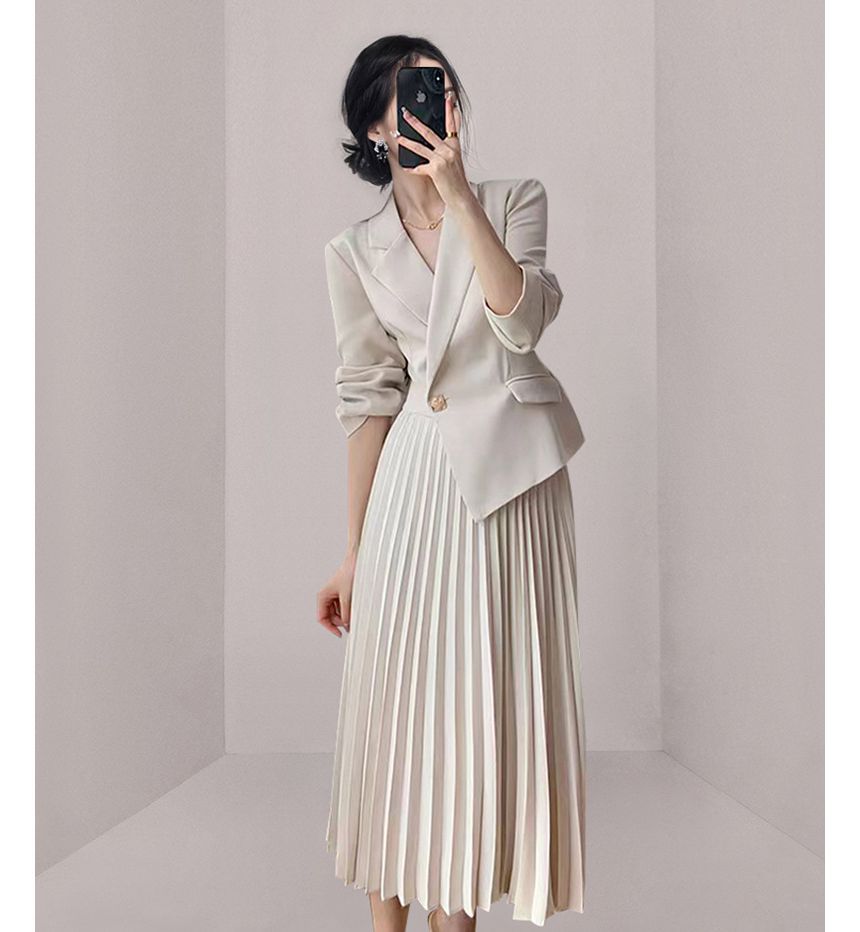 Long-Sleeve Notch Lapel Plain Asymmetrical Panel Accordion Pleated Midi A-Line Blazer Dress