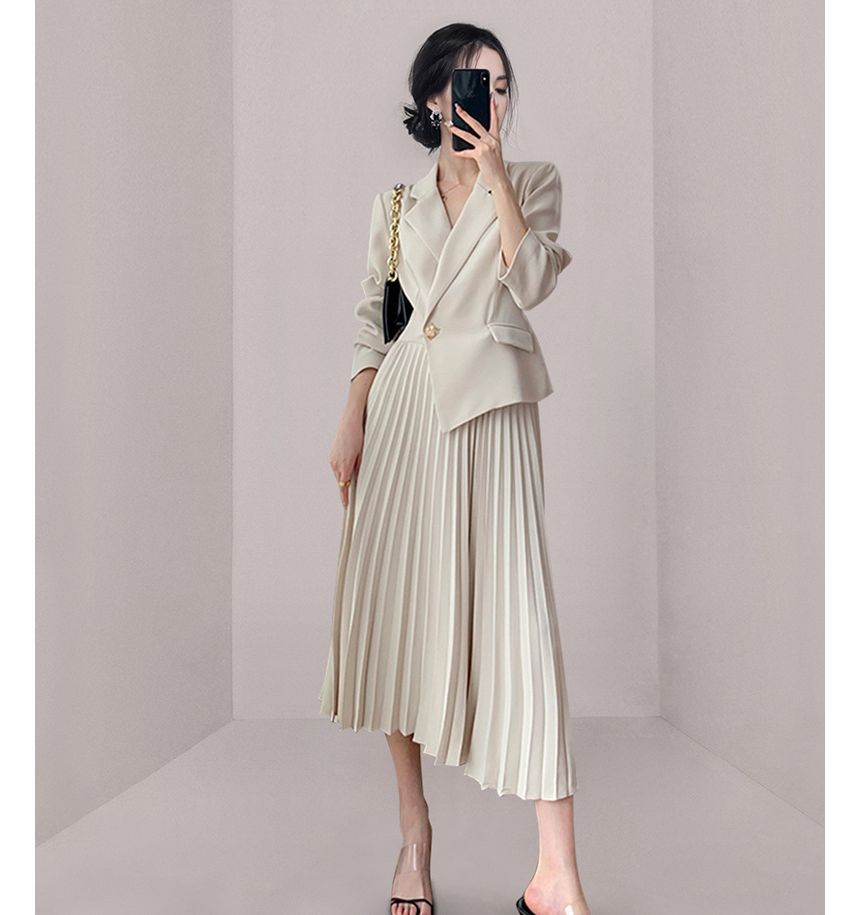 Long-Sleeve Notch Lapel Plain Asymmetrical Panel Accordion Pleated Midi A-Line Blazer Dress