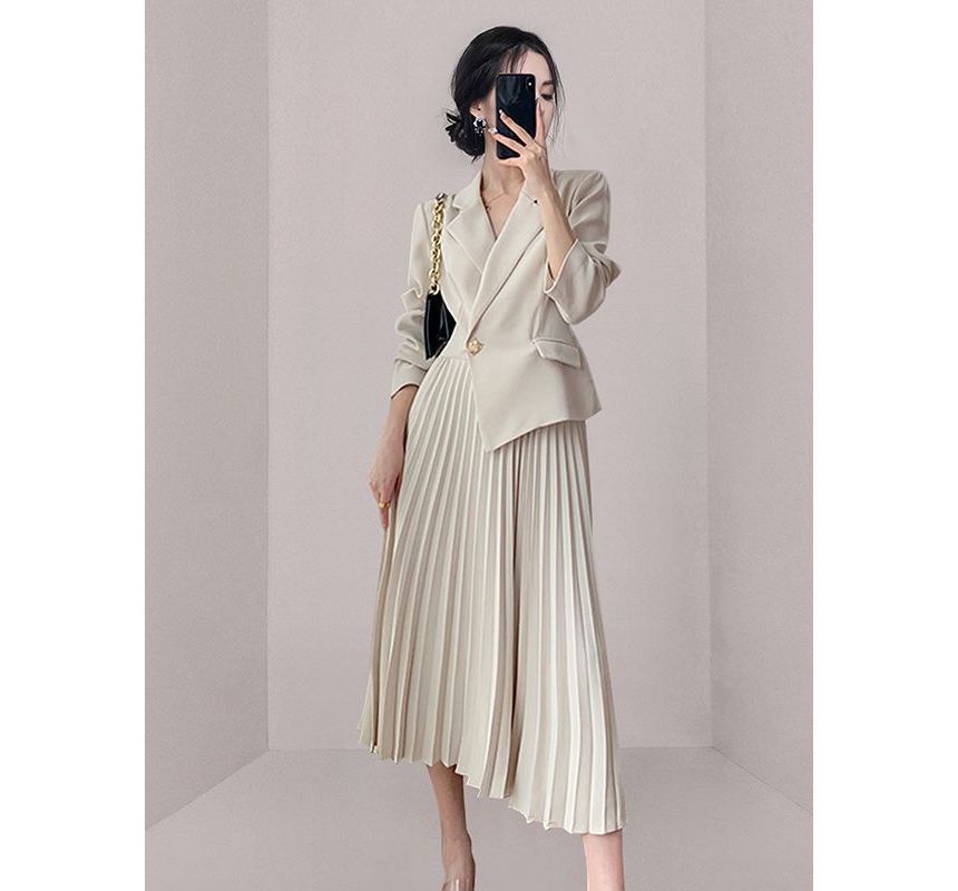 Long-Sleeve Notch Lapel Plain Asymmetrical Panel Accordion Pleated Midi A-Line Blazer Dress