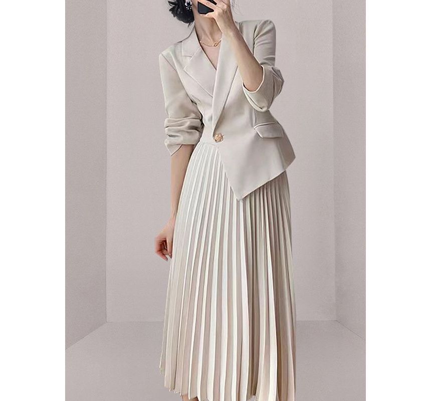 Long-Sleeve Notch Lapel Plain Asymmetrical Panel Accordion Pleated Midi A-Line Blazer Dress
