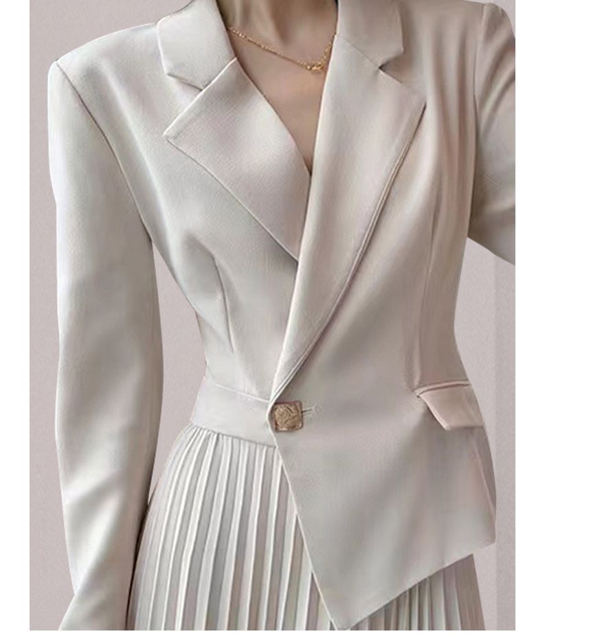 Long-Sleeve Notch Lapel Plain Asymmetrical Panel Accordion Pleated Midi A-Line Blazer Dress