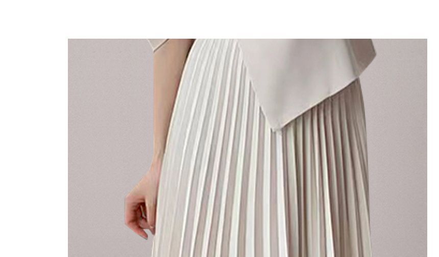 Long-Sleeve Notch Lapel Plain Asymmetrical Panel Accordion Pleated Midi A-Line Blazer Dress