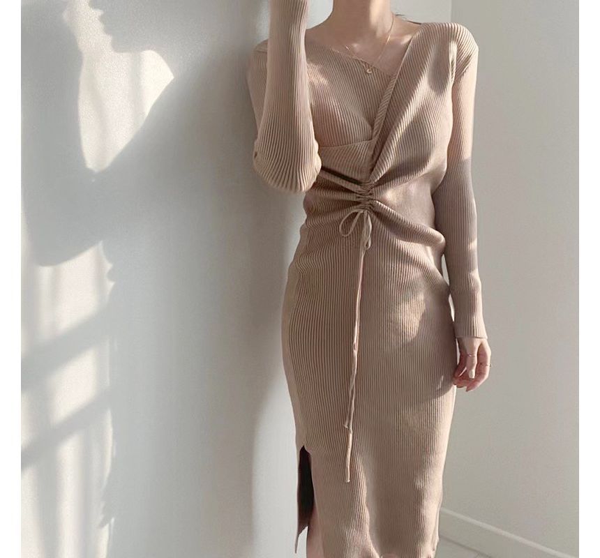 Long-Sleeve Asymmetrical Neck Plain Drawstring Ribbed Knit Midi Sheath Dress