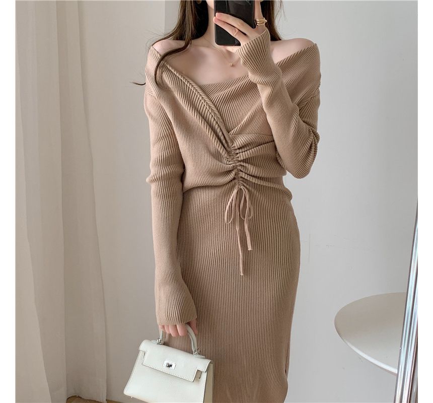 Long-Sleeve Asymmetrical Neck Plain Drawstring Ribbed Knit Midi Sheath Dress