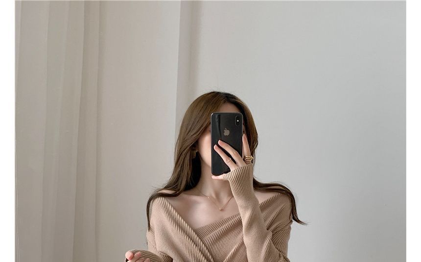 Long-Sleeve Asymmetrical Neck Plain Drawstring Ribbed Knit Midi Sheath Dress
