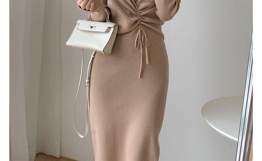Long-Sleeve Asymmetrical Neck Plain Drawstring Ribbed Knit Midi Sheath Dress
