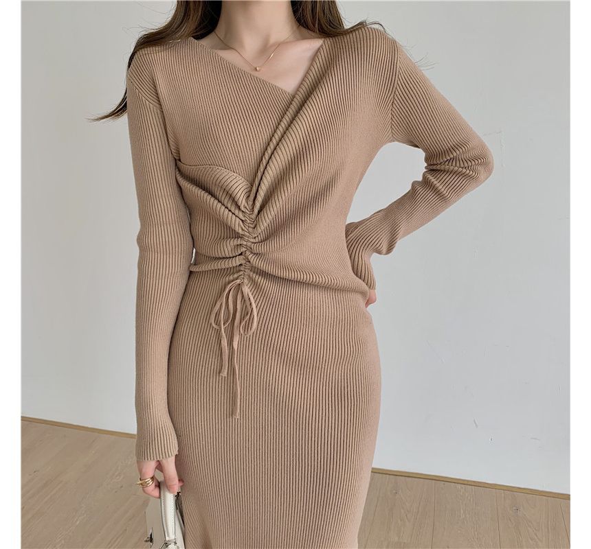 Long-Sleeve Asymmetrical Neck Plain Drawstring Ribbed Knit Midi Sheath Dress