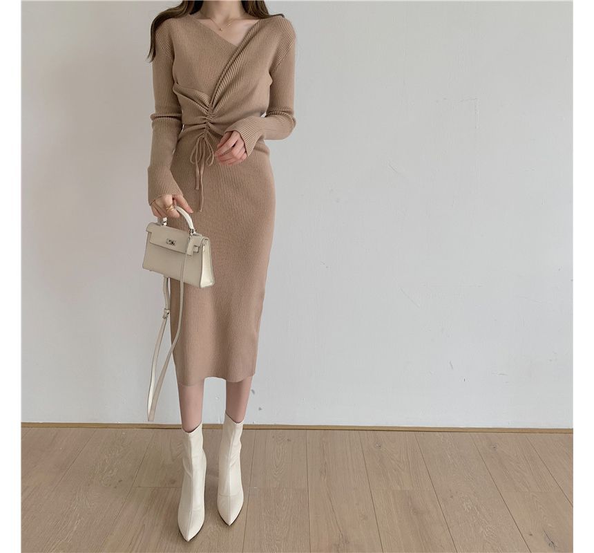 Long-Sleeve Asymmetrical Neck Plain Drawstring Ribbed Knit Midi Sheath Dress