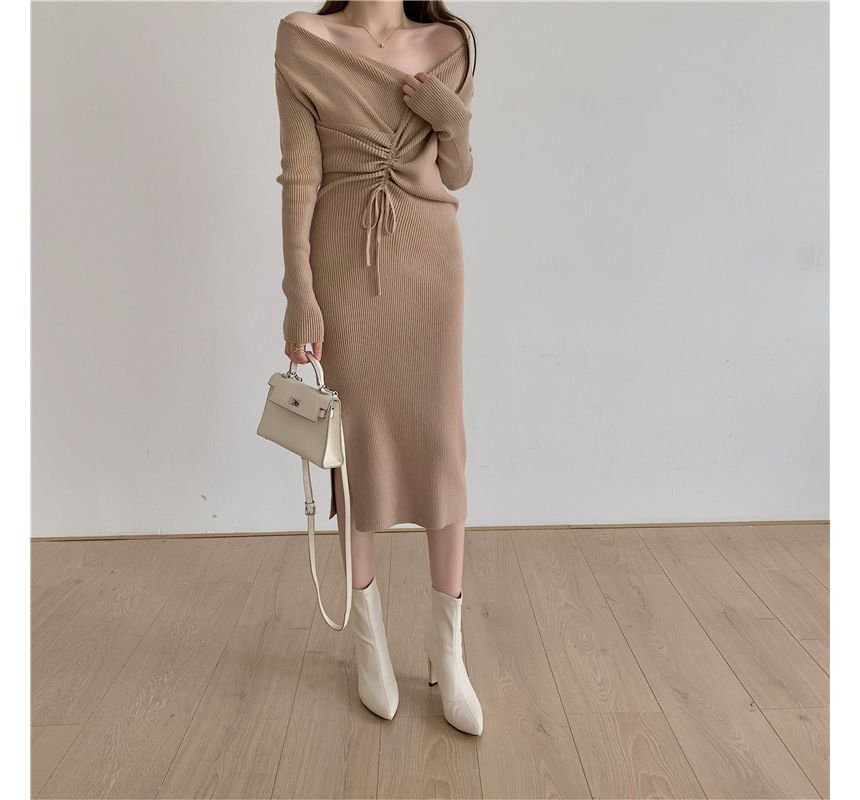 Long-Sleeve Asymmetrical Neck Plain Drawstring Ribbed Knit Midi Sheath Dress