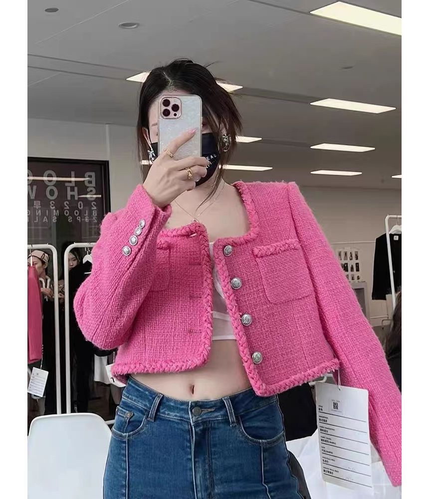 Square Neck Plain Tweed Single Breasted Jacket (Various Designs)