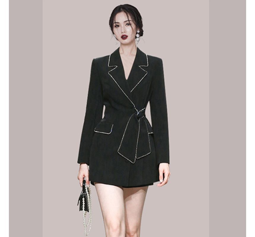 Long-Sleeve Notch Lapel Plain Rhinestone Accent Tie Front Mini A-Line Blazer Dress