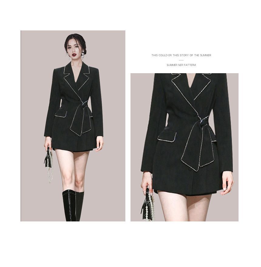 Long-Sleeve Notch Lapel Plain Rhinestone Accent Tie Front Mini A-Line Blazer Dress