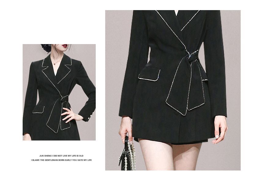 Long-Sleeve Notch Lapel Plain Rhinestone Accent Tie Front Mini A-Line Blazer Dress