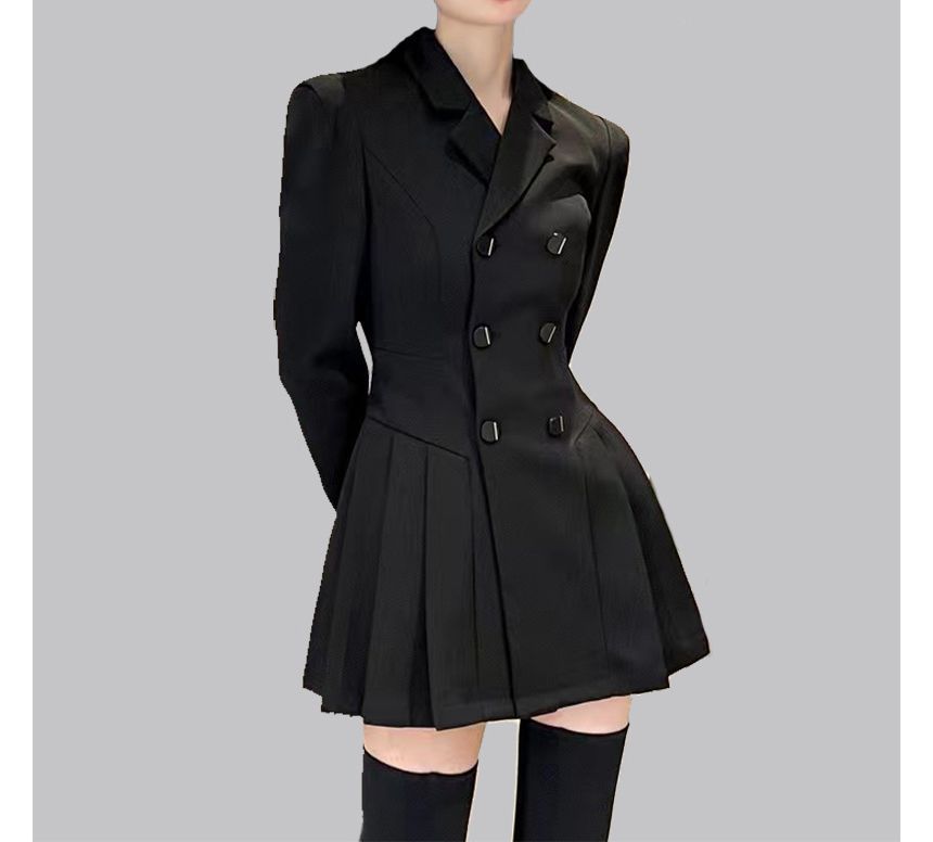 Long-Sleeve Notch Lapel Plain Pleated Double Breasted Mini A-Line Blazer Dress