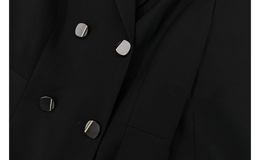 Long-Sleeve Notch Lapel Plain Pleated Double Breasted Mini A-Line Blazer Dress