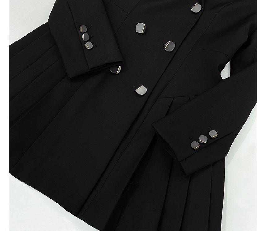 Long-Sleeve Notch Lapel Plain Pleated Double Breasted Mini A-Line Blazer Dress