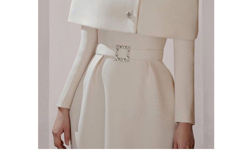 Set: Plain Crew Neck Single-Breasted Cropped Capelet + Long-Sleeve Midi Sheath Dress