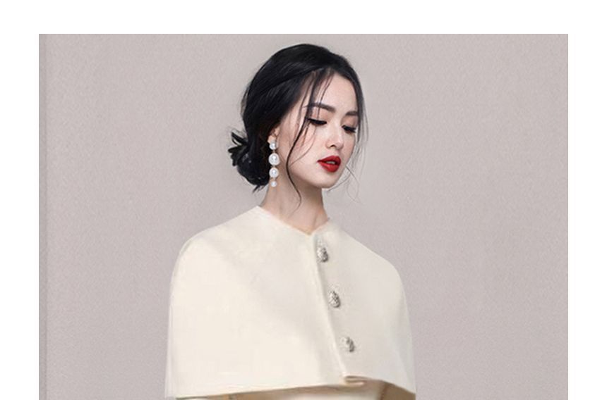 Set: Plain Crew Neck Single-Breasted Cropped Capelet + Long-Sleeve Midi Sheath Dress