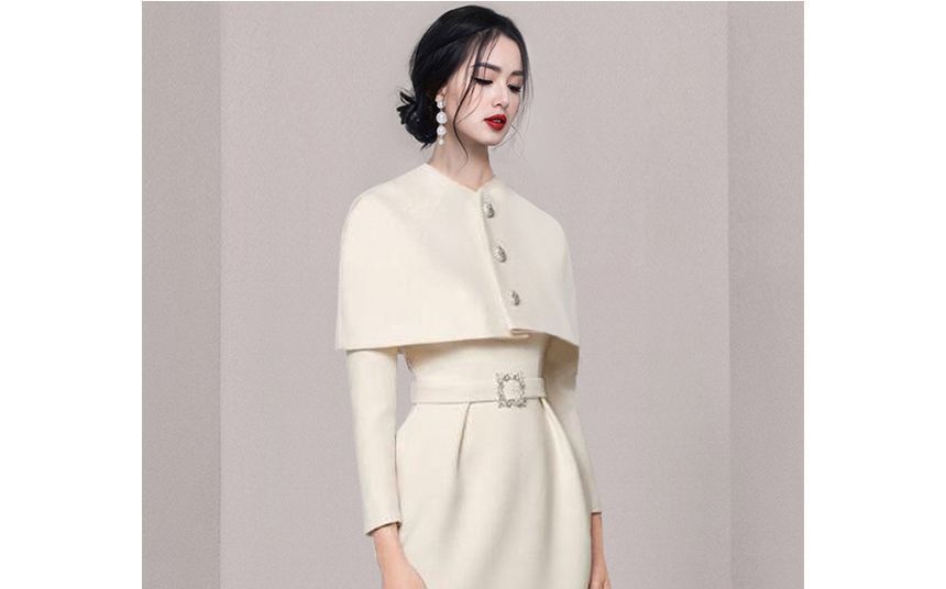 Set: Plain Crew Neck Single-Breasted Cropped Capelet + Long-Sleeve Midi Sheath Dress