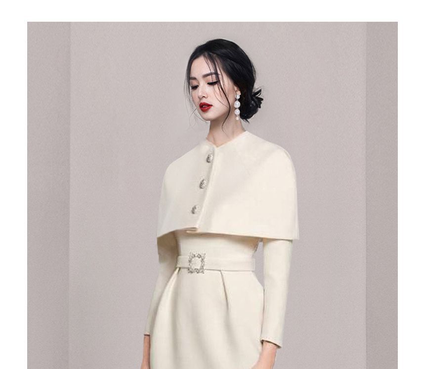 Set: Plain Crew Neck Single-Breasted Cropped Capelet + Long-Sleeve Midi Sheath Dress
