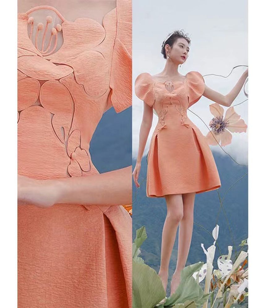 Puff-Sleeve Perforated Mini A-Line Dress
