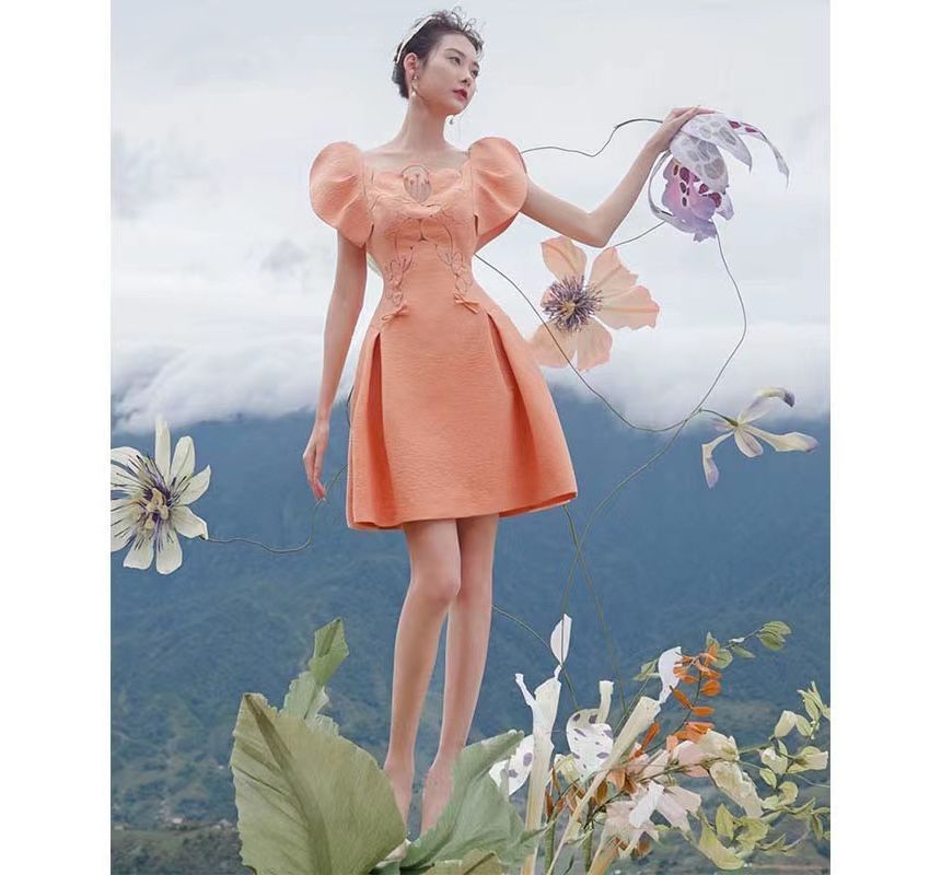 Puff-Sleeve Perforated Mini A-Line Dress