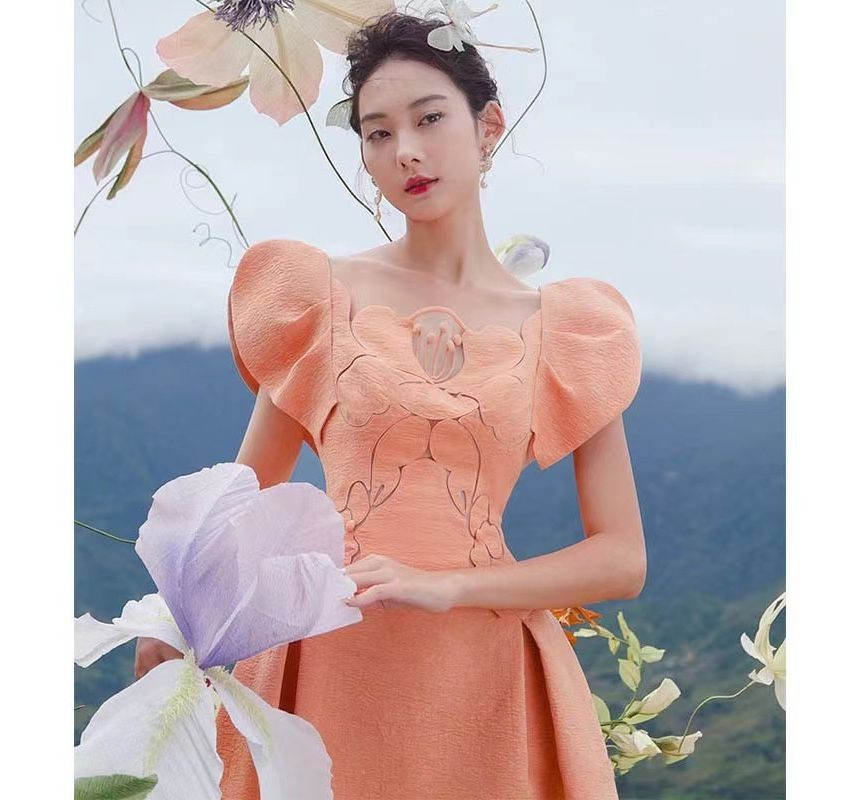 Puff-Sleeve Perforated Mini A-Line Dress