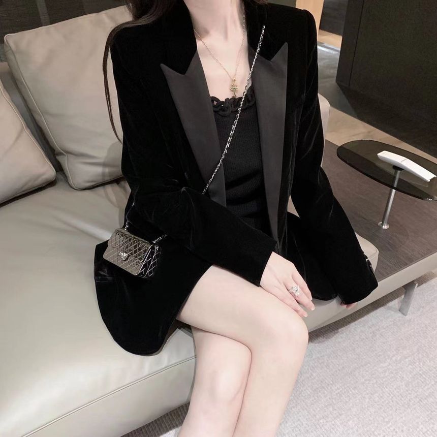 Long-Sleeve Lapel Velvet Mini Blazer Dress