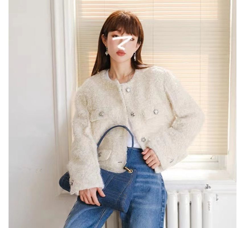 Crew Neck Tweed Button-Up Crop Jacket