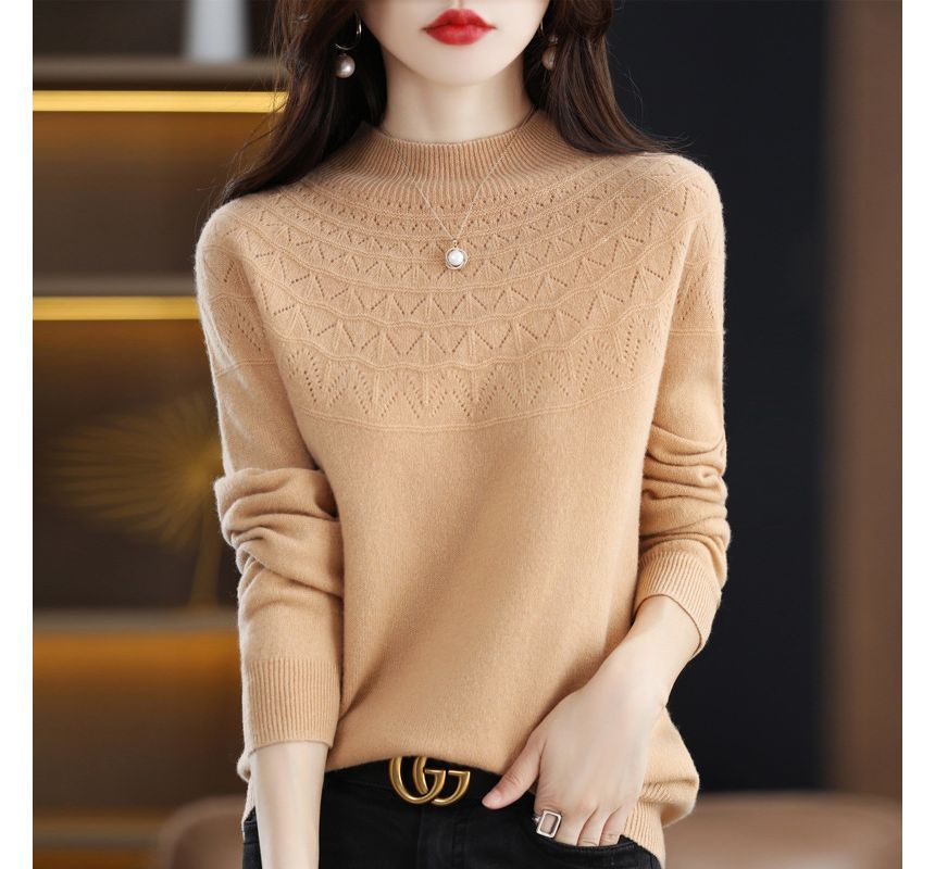 Long-Sleeve Mock Neck Zigzag Perforated Plain Woolen Knit Top