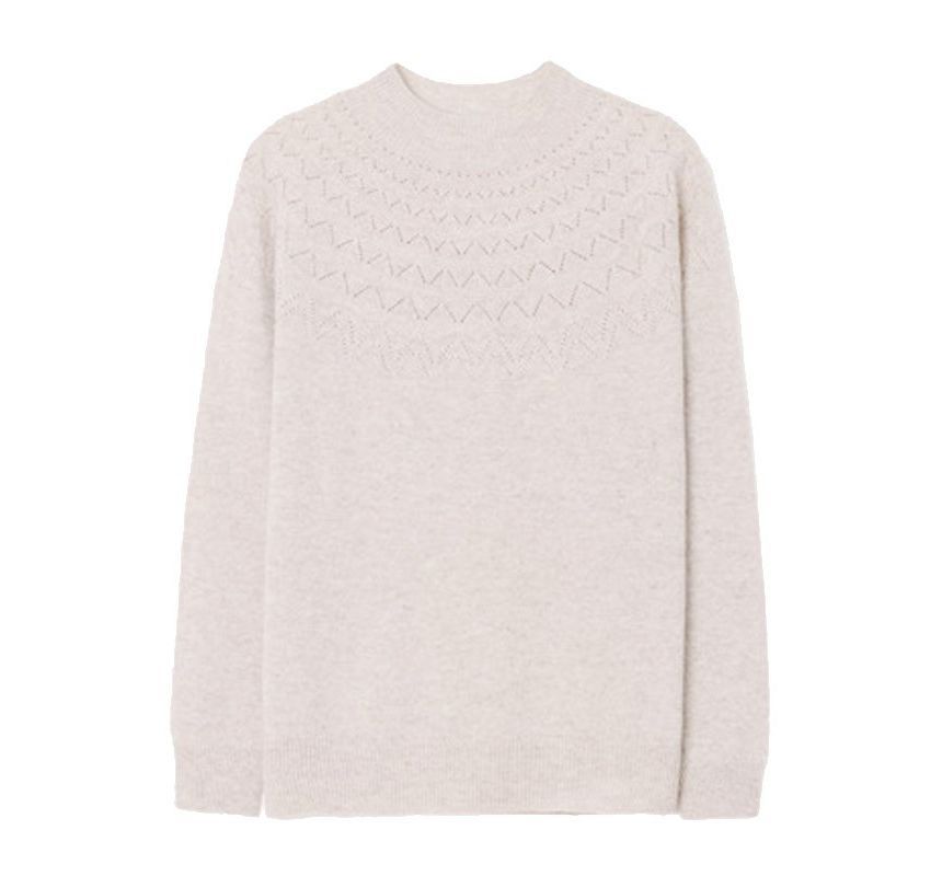 Long-Sleeve Mock Neck Zigzag Perforated Plain Woolen Knit Top