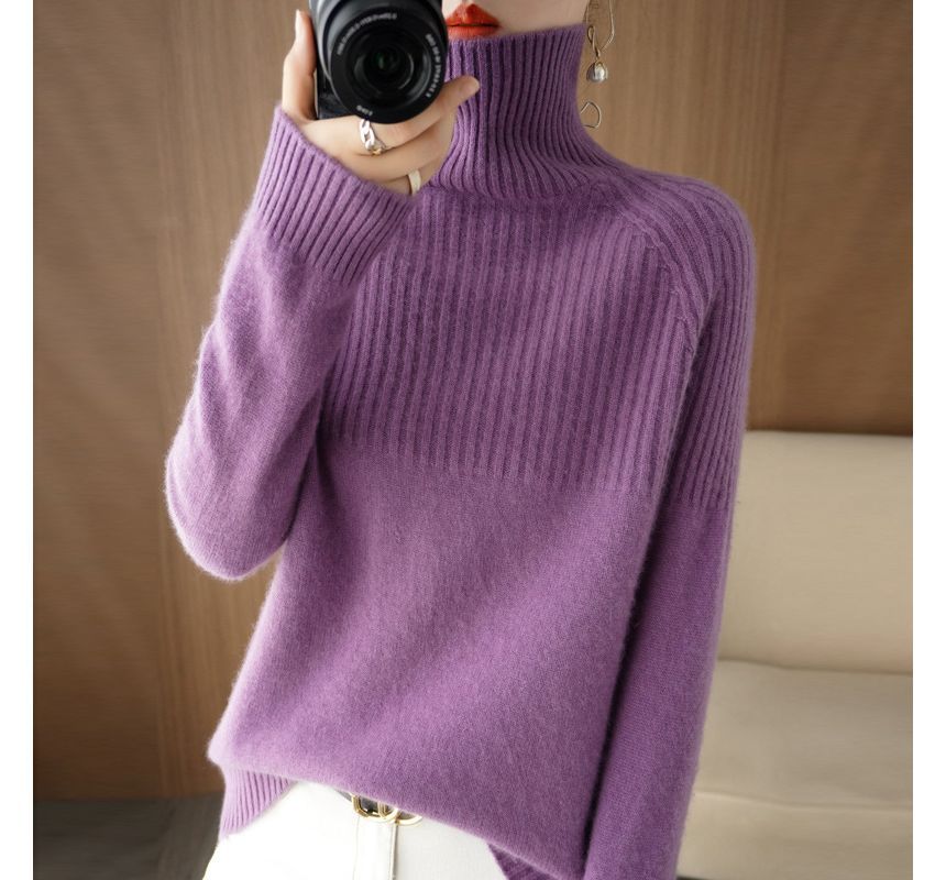 Long-Sleeve Turtleneck Plain Ribbed Woolen Knit Top