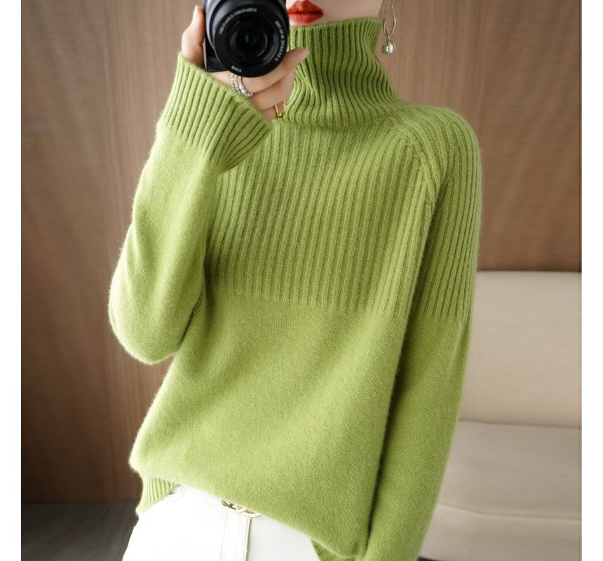 Long-Sleeve Turtleneck Plain Ribbed Woolen Knit Top