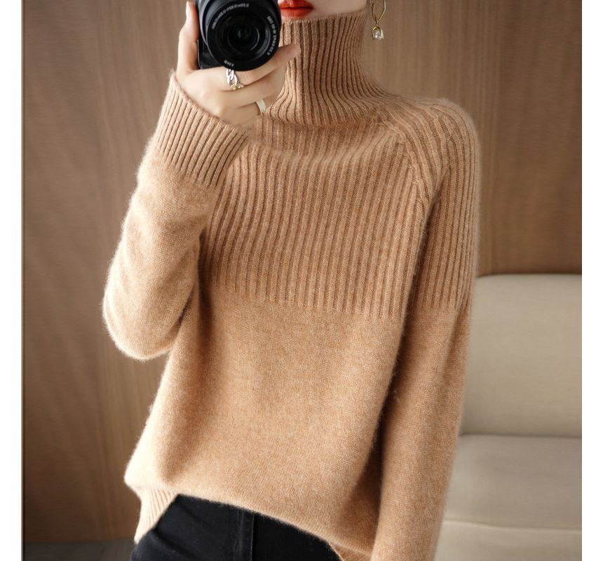 Long-Sleeve Turtleneck Plain Ribbed Woolen Knit Top