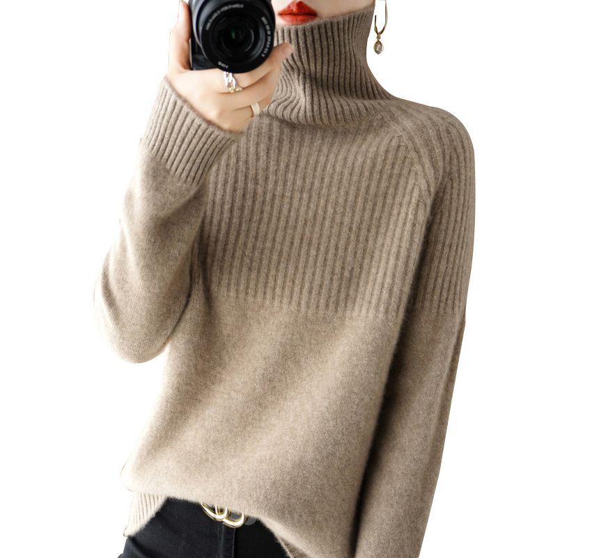 Long-Sleeve Turtleneck Plain Ribbed Woolen Knit Top