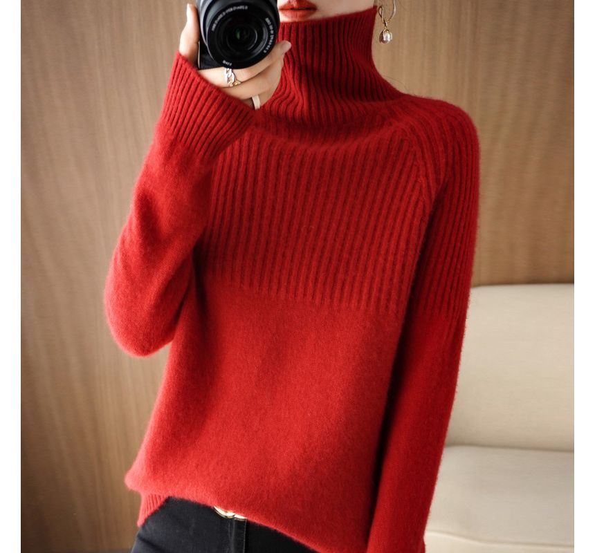 Long-Sleeve Turtleneck Plain Ribbed Woolen Knit Top